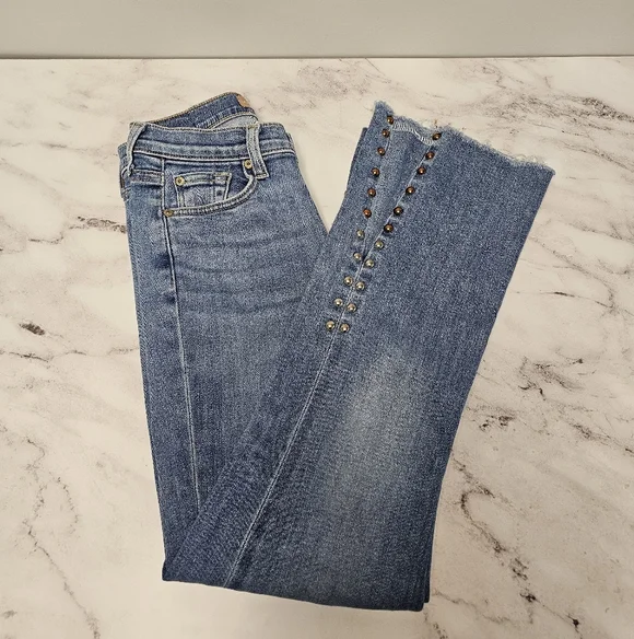 7 For All Mankind High Rise Straight Leg Flared Studded Blue Jeans 26 Preowned - Picture 4 of 10